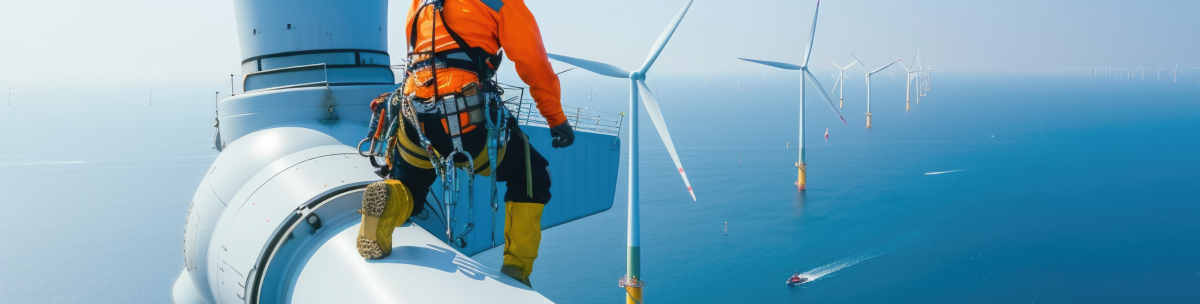 A worker in safety gear stands atop an offshore wind turbine, overlooking rows of wind turbines stretching across the ocean—a powerful symbol of clean energy with boats visible in the water below. by Standex Detect