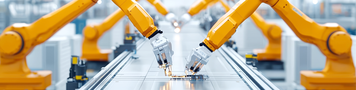 Four yellow robotic arms, as part of advanced automation equipment, operate along an automated assembly line in a modern, brightly lit factory, working collaboratively on metal components. by Standex Detect