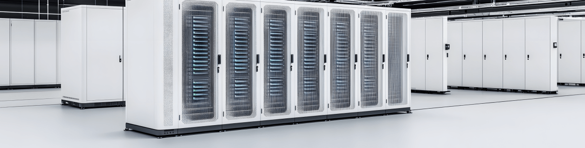 A modern data center room with rows of white server racks filled with computing servers, illuminated by blue lights, on a clean, bright floor and ceiling lined with cables and ventilation ducts. Data centers like this power today's digital world. by Standex Detect