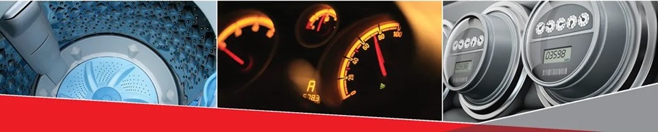 Three images side by side: a washing machine drum, illuminated car dashboard gauges, and analog utility meters with digital displays—each highlighting the versatility of Standex Reed Switches—separated by thin white lines and a red diagonal graphic at the bottom. by Standex Detect
