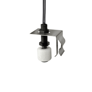 A white cylindrical Liquid Level Sensor from the FPS-B Series with a black threaded connector is mounted on a metal bracket, featuring a black wire extending from the top, designed for precise liquid level detection in HVAC/R systems. by Standex Detect
