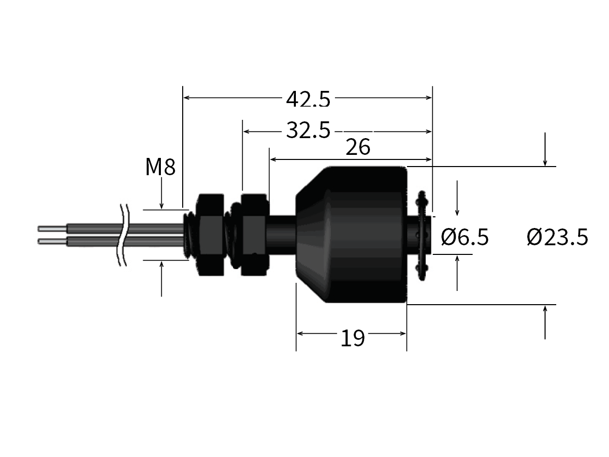 Technical drawing of an LS01 Series liquid level sensor: cylindrical sensor with labeled dimensions—length 42.5 mm, main body diameter 23.5 mm, smaller section diameter 6.5 mm, threaded M8 connector, and detailed measurements. by Standex Detect