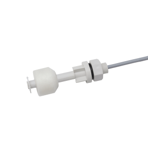 A white plastic LS02 Series liquid level sensor with a cylindrical float, hexagon nut, and attached gray wire, designed for reliable liquid level detection and control applications. by Standex Detect