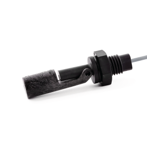 A close-up of a black plastic LS03 Series liquid level sensor with a cylindrical float and a threaded mounting base, attached to a wire, isolated on a white background. by Standex Detect