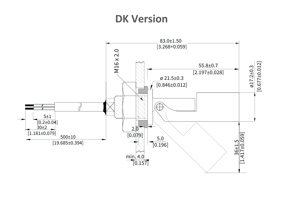Technical engineering drawing labeled DK Version, showing dimensions and specifications for the LS03 Series Liquid Level Sensor, with measurements, sectional view, and threaded part labeled M16 x 2.0. by Standex Detect