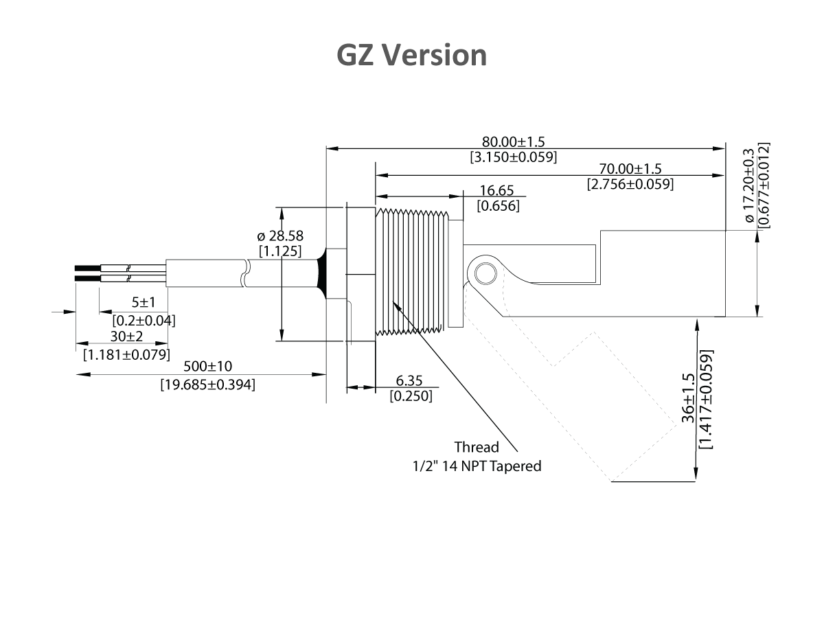 Technical drawing of a cylindrical mechanical part for LS03 Series Liquid Level Sensor (GZ Version), detailing dimensions, threading (1/2 14 NPT Tapered), and tolerances in mm and inches, with sectional and front views included. by Standex Detect