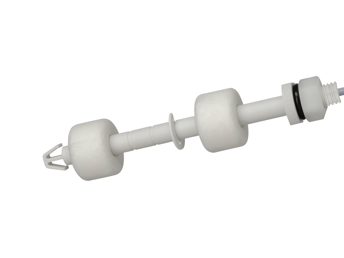 A white plastic LS04 Series Liquid Level Sensor featuring two cylindrical floats, a washer, a threaded end with a black O-ring, and a cage-like structure on the opposite end, set against a white background. by Standex Detect