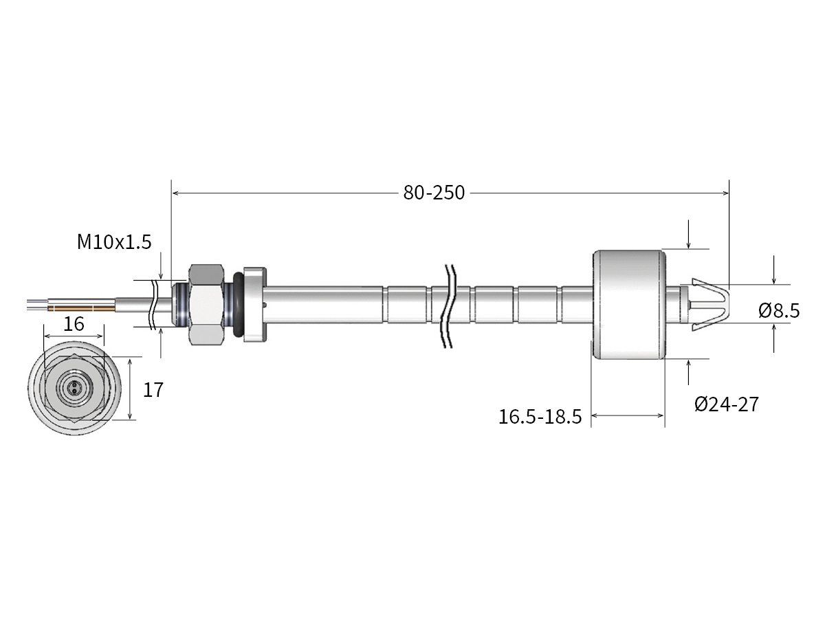 Technical drawing of an LS04 Series Level Sensor: cylindrical probe-like device with labeled dimensions, threaded end (M10x1.5), hex nut, and circular connector. Key measurements: length 80–250 mm, diameters 8.5 mm and 24–27 mm; side/end views shown. by Standex Detect