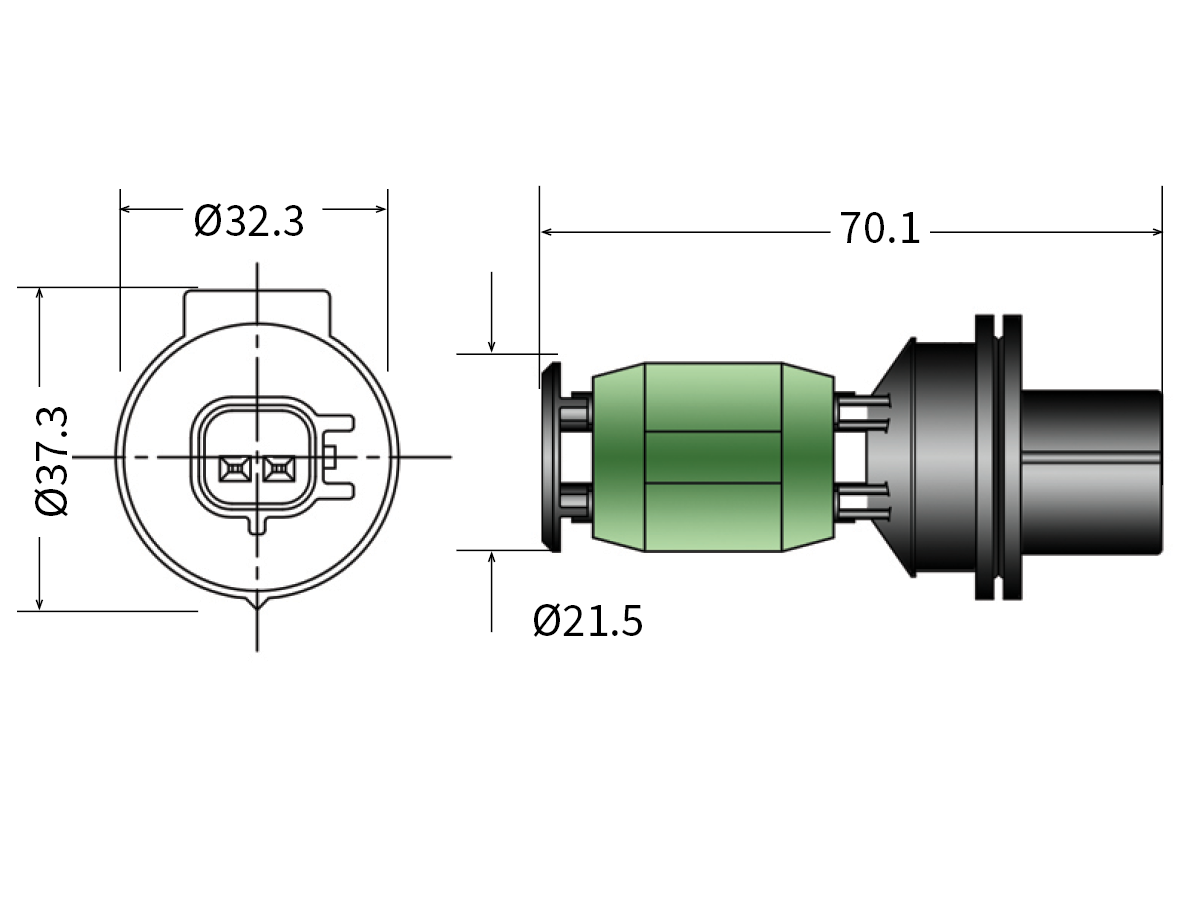 Technical drawing of an R12456 Series cylindrical connector with a green midsection, similar to those used in Liquid Level Sensor applications. Front and side views are shown, with diameters of 37.3 mm, 32.3 mm, 21.5 mm, and length 70.1 mm. by Standex Detect