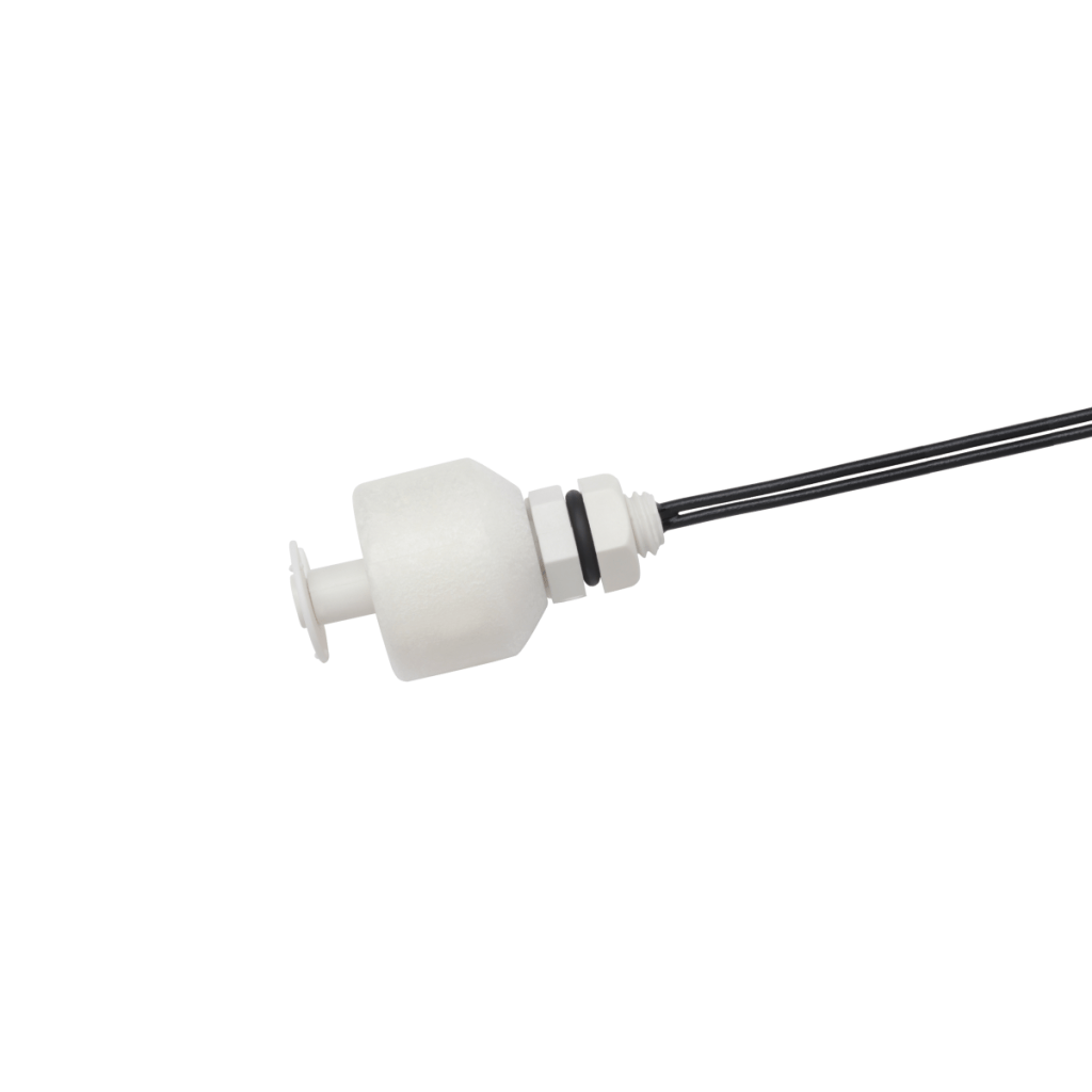 A white plastic single point liquid level sensor with a cylindrical float, two black o-rings, and an attached black electrical wire is shown on a white background. by Standex Detect