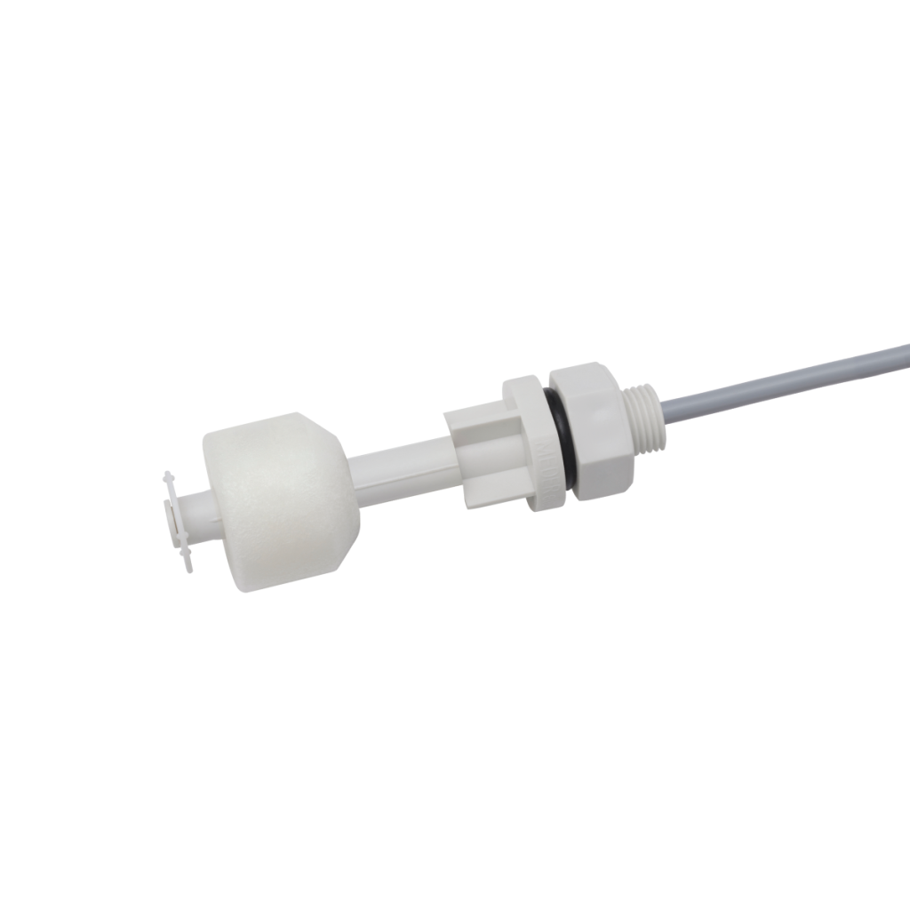 A white plastic liquid level sensor float switch with a cylindrical float, vertical mount threaded base, and a gray electrical cable attached, isolated on a white background. by Standex Detect