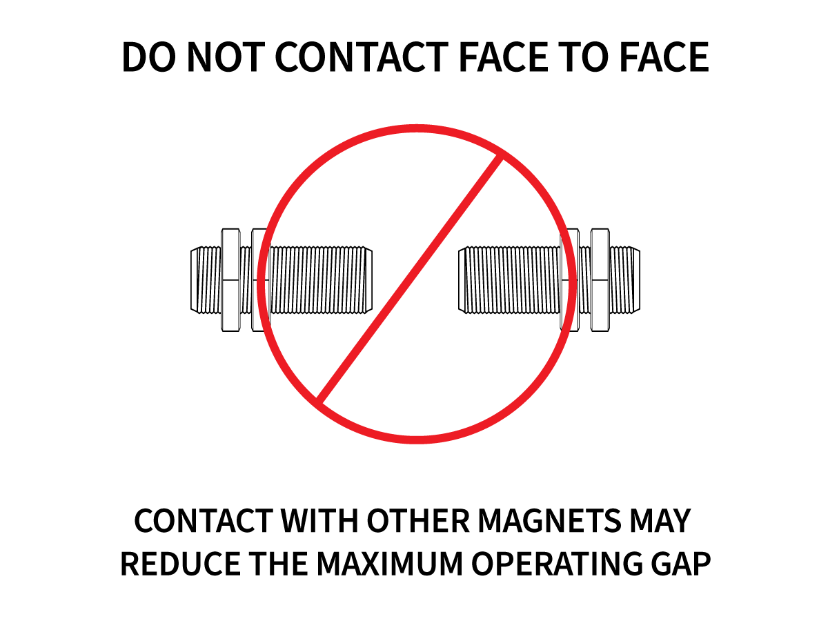 Two cylindrical magnets facing each other with a red prohibition symbol over them. Text above says, Do not contact face to face. Perfect for VPD Series or Ferrous Metal Proximity Sensor use—contact may reduce the maximum operating gap. by Standex Detect