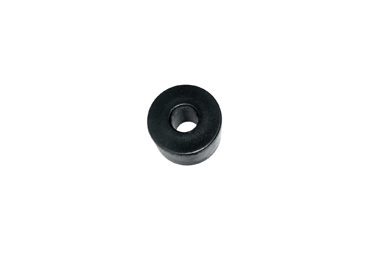 A black, cylindrical rubber washer or grommet from the MS02-NBR Series, featuring a central hole and commonly used in Magnetic Float or Float Sensor assemblies, is placed on a white background. by Standex Detect