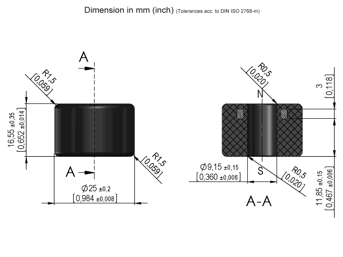 Technical drawing of a cylindrical MS02-PA Series Magnetic Float Sensor with cross-section view. Dimensions and tolerances are shown in millimeters and inches, with labeled radii, diameter, height, and section A-A detailing internal features. by Standex Detect