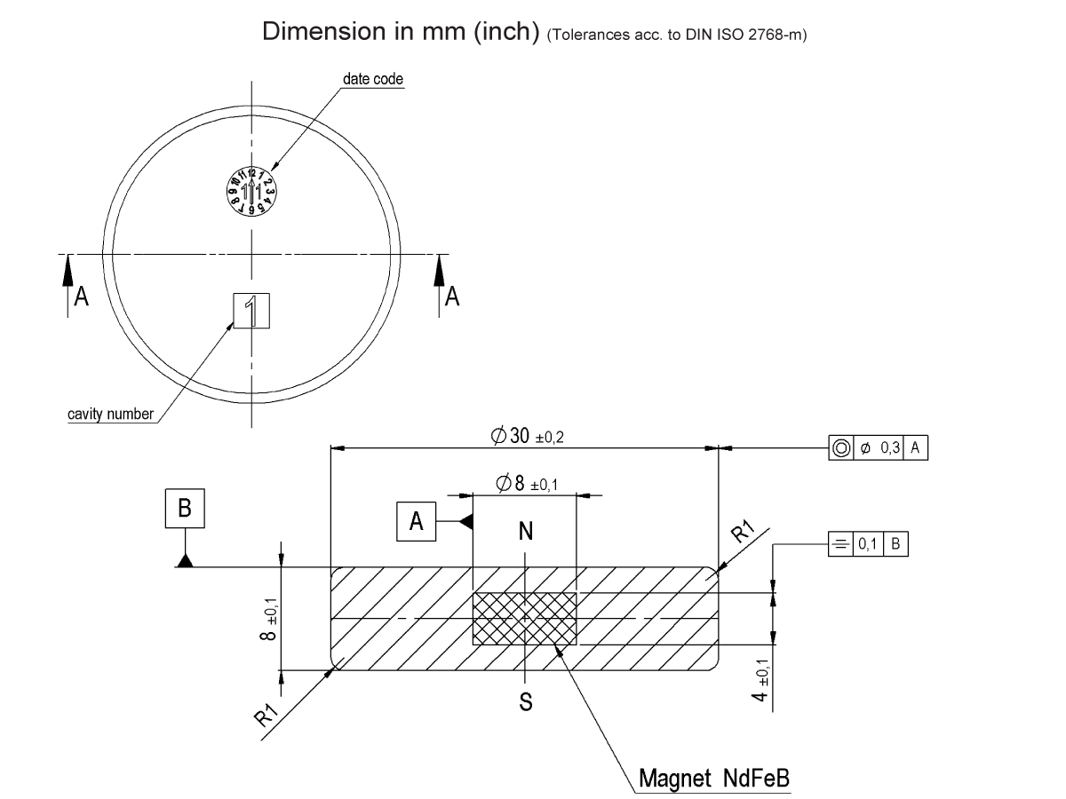 Technical drawing of a cylindrical magnet for the MS06-PP Series magnetic float switch, with labeled dimensions in millimeters, sectional view (A-A), and details for date code, cavity number, and material (Magnet NdFeB). by Standex Detect