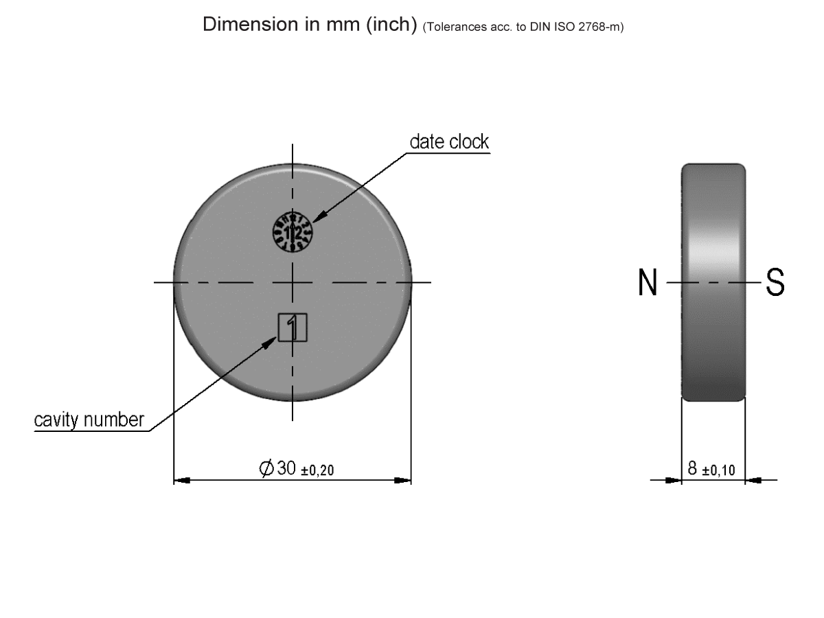 Technical drawing of a circular part from the MS06-PP Series showing front and side views with labeled features: date clock, cavity number, 30 mm diameter, 8 mm thickness, with tolerances and axis markings; suitable for Magnetic Float applications. by Standex Detect