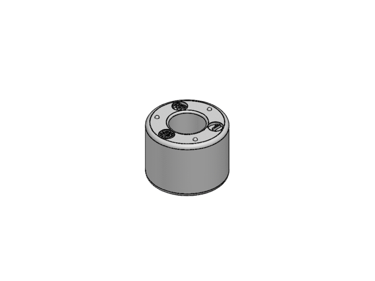 3D rendering of a cylindrical metal component from the MS08-PP Series, featuring a flat top surface with three holes and a larger central hole—ideal as a magnetic float or float sensor in industrial applications. by Standex Detect