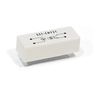 A white rectangular 521 Series Optocouplers component with four metal pins and a circuit diagram, including a diode and lines, printed on top, labeled 521-CNY21. by Standex Detect