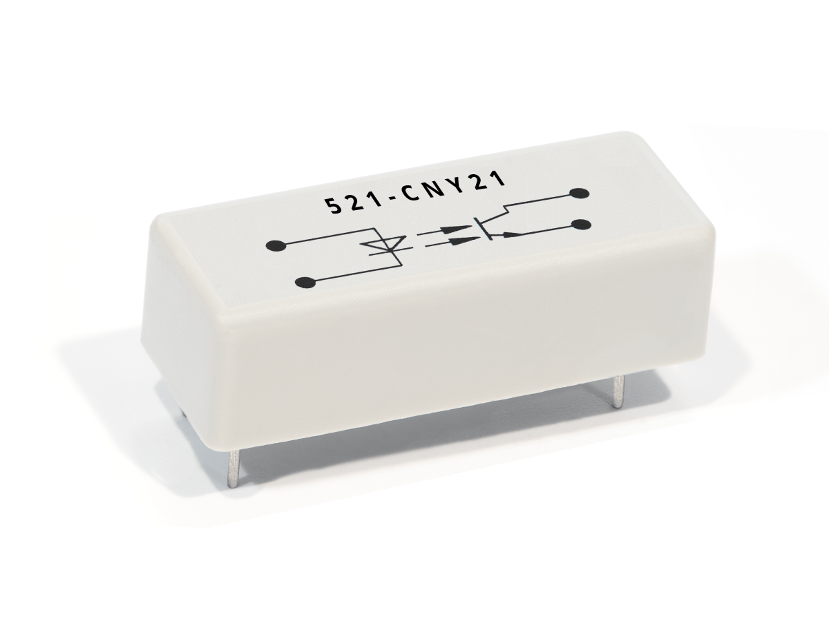 A white rectangular 521 Series Optocouplers relay labeled 521-CNY21 features a circuit diagram on top and two metal pins protruding from the bottom. by Standex Detect