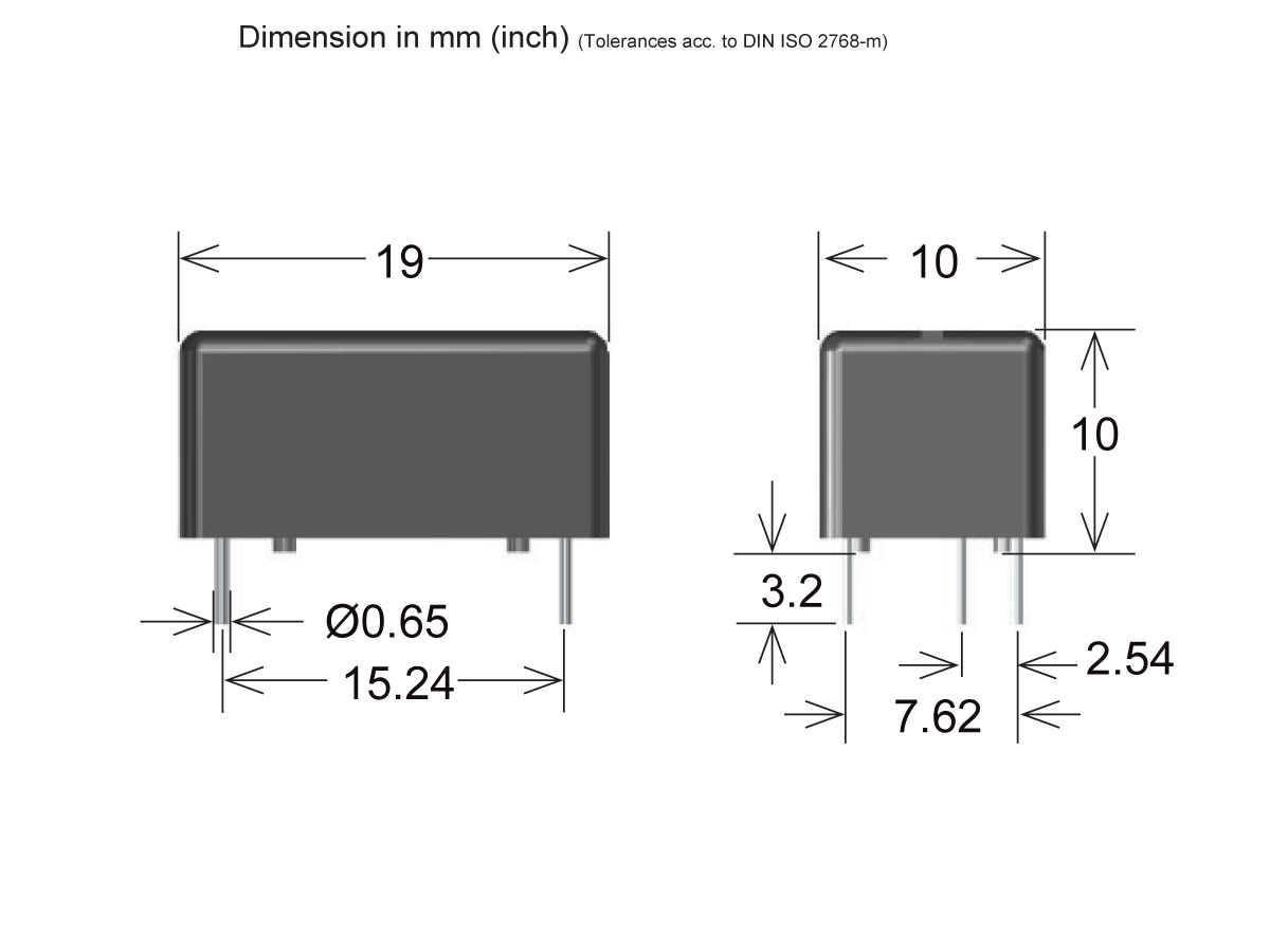 Technical drawing of a rectangular 567 Series Optocoupler, sized 19mm x 10mm x 10mm. Pin spacing and measurements are detailed: 15.24mm, 7.62mm, 2.54mm, 3.2mm, with a 0.65mm pin diameter, suitable for optocouplers applications. by Standex Detect