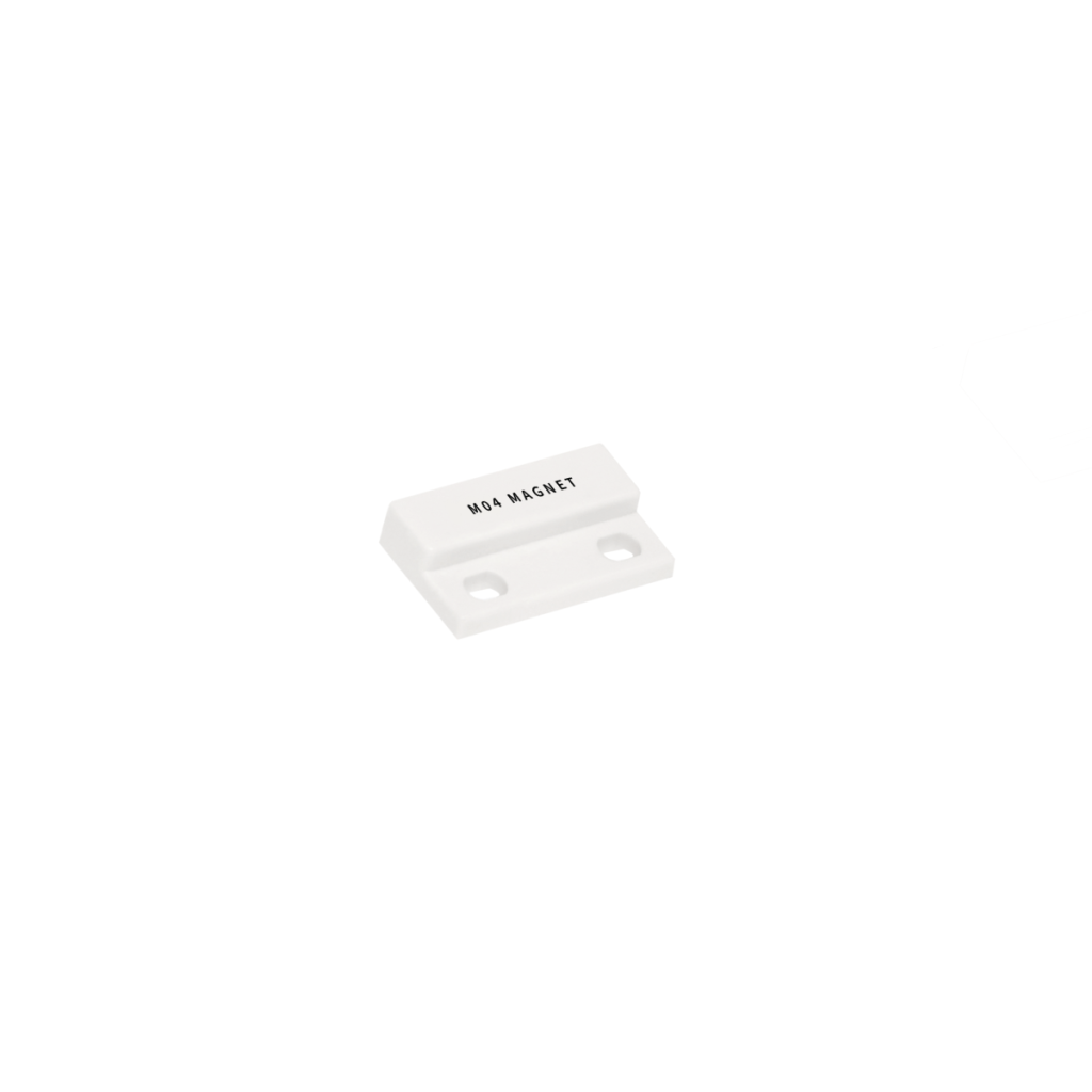 A small white rectangular Packaged Magnet labeled M64 MAGNET, featuring two holes for mounting, is displayed against a plain white background. by Standex Detect