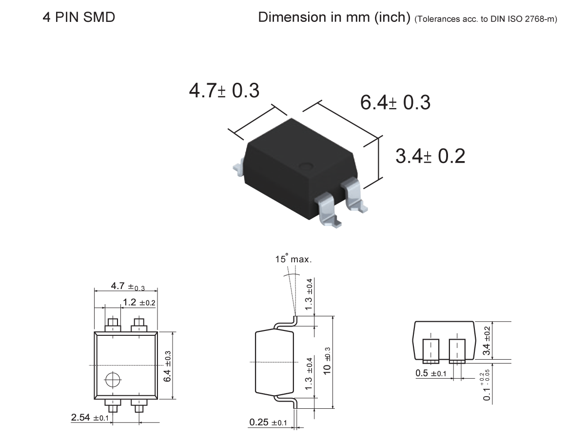 4-pin surface mount Photo-MOSFET Relay (SMP-31) chip shown in 3D view and technical drawings, with dimensions: 4.7 x 6.4 x 3.4 mm, and labeled lead spacing and tolerances per DIN ISO 2768-m. by Standex Detect