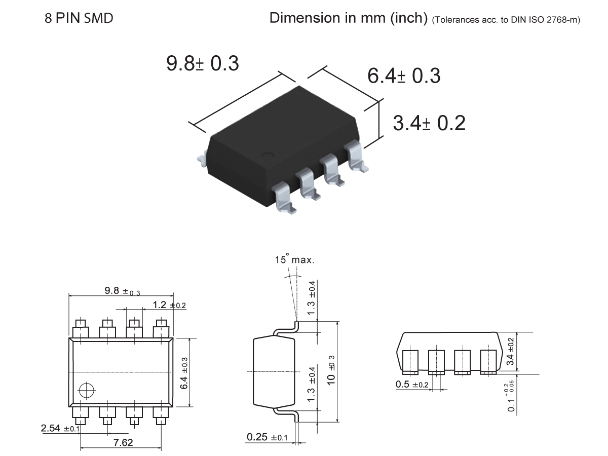 Technical drawing of an 8-pin SMD chip, such as the SMP-31 Photo-MOSFET Relay, with dimensions labeled in millimeters, including top, side, and 3D views, showing pin spacing and overall size details. by Standex Detect