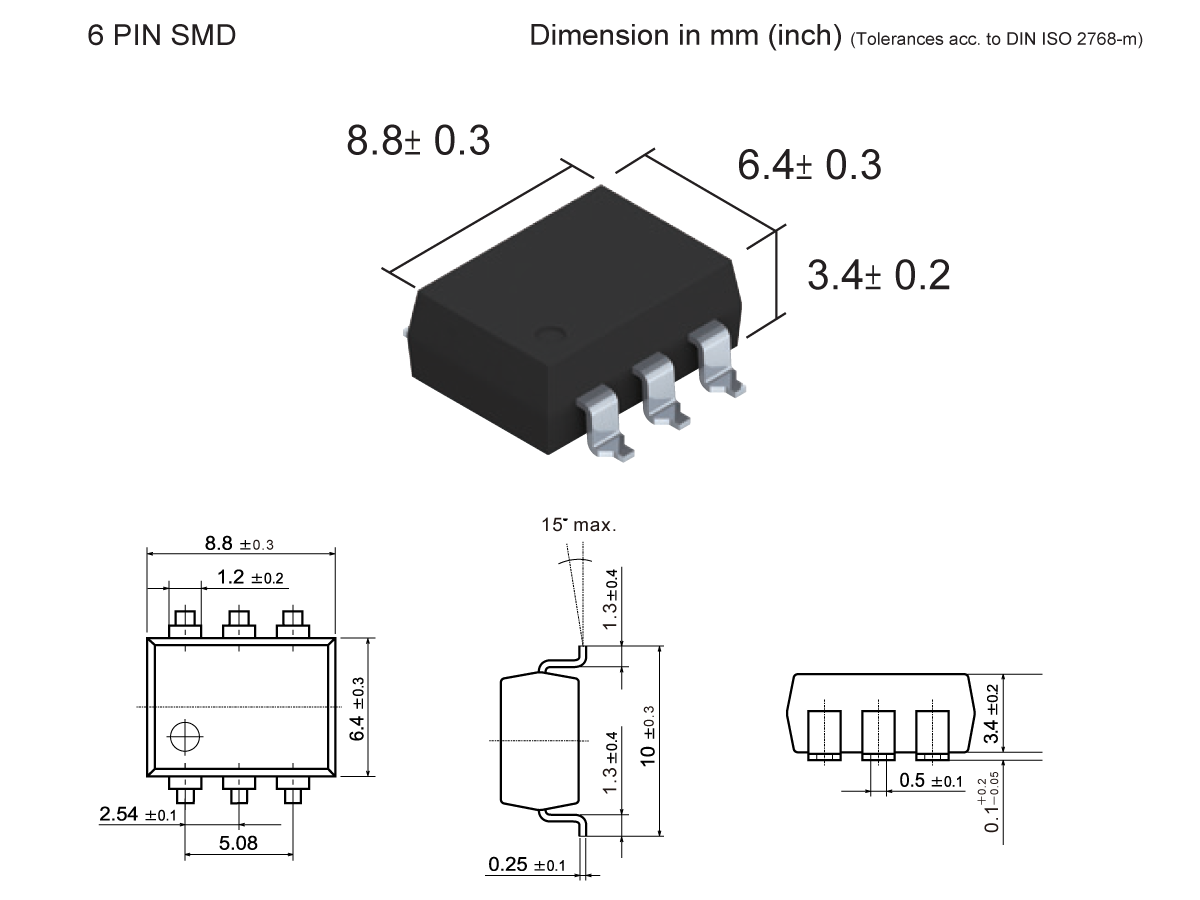 Diagram of a 6-pin SMD Photo-MOSFET Relay (SMP-36) with 3D and 2D views, showing dimensions: 8.8 x 6.4 x 3.4 mm, including pin spacing and tolerances in millimeters. by Standex Detect