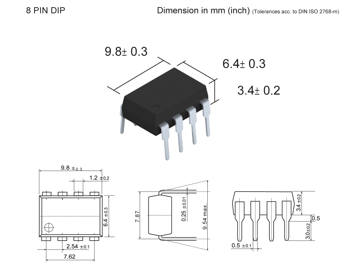 Diagram of an 8-pin Dual In-line Package (DIP) Photo-MOSFET Relay IC, with isometric and technical drawings showing dimensions in millimeters and inches, tolerances, and reference views from different angles. by Standex Detect