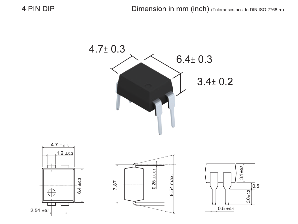 A technical drawing of a 4-pin DIP Photo-MOSFET Relay (SMP-38) with dimensions labeled: 4.7 ± 0.3 mm, 6.4 ± 0.3 mm, and 3.4 ± 0.2 mm. Three views are shown: isometric, top, front, and side. by Standex Detect