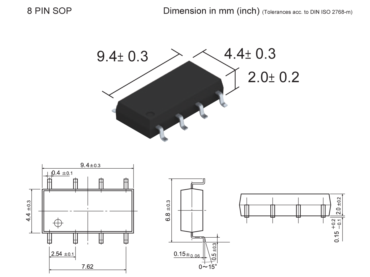Technical drawing and 3D illustration of an 8-pin SOP Photo-MOSFET Relay chip, SMP-42 package, showing dimensions: 9.4 x 4.4 x 2.0 mm with pin spacings and tolerances; top, side, and front views included. by Standex Detect