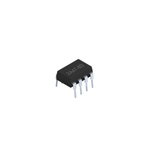 A black integrated circuit chip labeled 24A7-8D, resembling an SMP-47 Photo-MOSFET Relay, with eight metal pins, is displayed on a white background. by Standex Detect