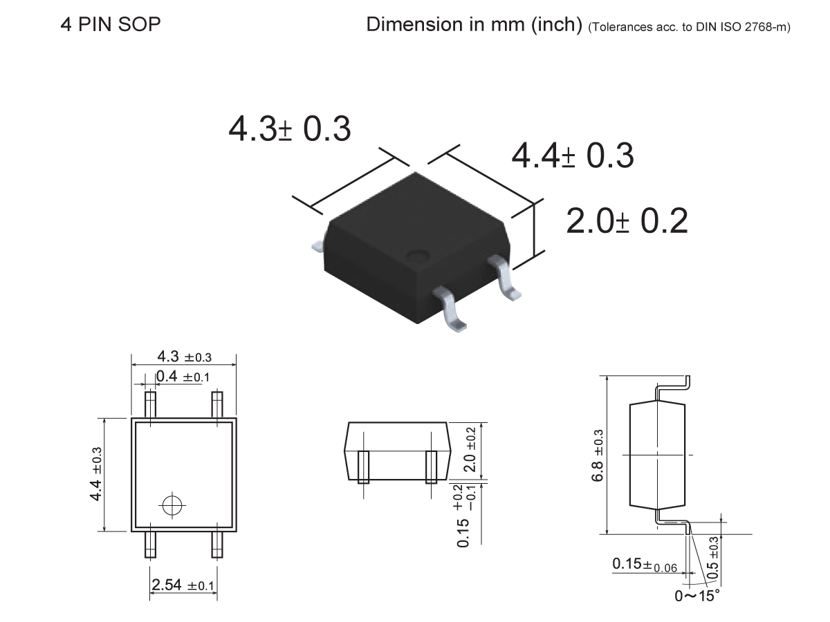 Technical diagram of a 4-pin SMP-47 Photo-MOSFET Relay electronic component, showing a 3D view and three 2D views with dimensions: 4.3 ± 0.3 mm width, 4.4 ± 0.3 mm length, 2.0 ± 0.2 mm height. by Standex Detect