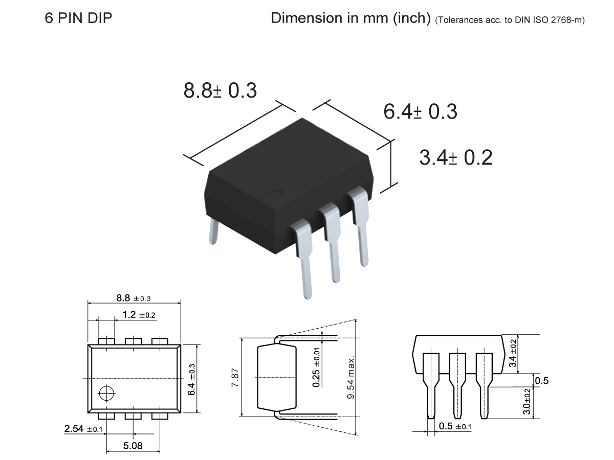 A technical diagram of a 6-pin DIP Photo-MOSFET Relay (SMP-47) with measurements in millimeters. Includes 3D and 2D views showing 8.8 × 6.4 × 3.4 mm dimensions, with labeled tolerances and sides. by Standex Detect