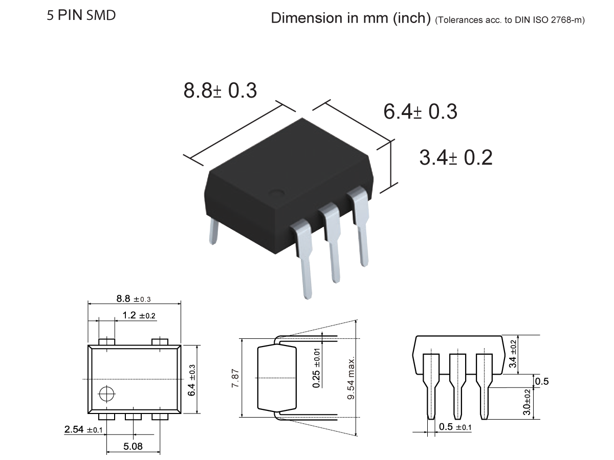 Diagram of a 5-pin SMD electronic component from the SMP-58 Series MOSFET Relay, with measurements in millimeters, showing front, side, and top views, including tolerances and pin spacing details. by Standex Detect