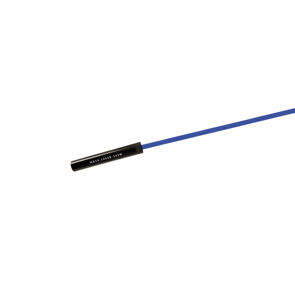 A black and blue stylus or probe labeled NEEE LANDS 150M on the black part, positioned diagonally on a white background, resembles the compact design commonly found in cylindrical proximity sensors. by Standex Detect