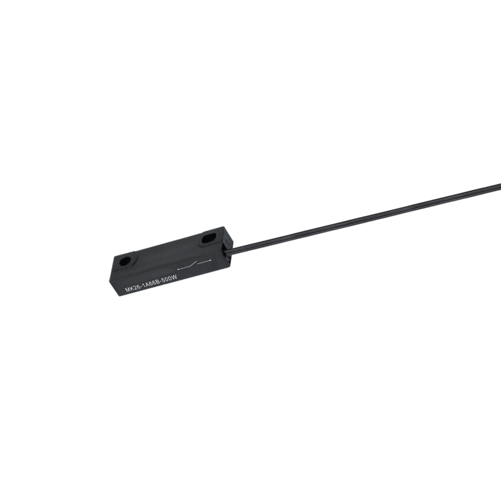 A black rectangular proximity sensor with two mounting holes and a cable extending from one side, designed for reliable magnet detection, displayed on a white background. by Standex Detect