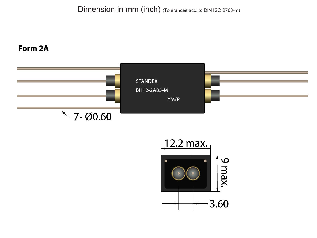 Diagram of a rectangular BH Series Reed Relay labeled “STANDEX BH12-2A85-M YM/P” with six wires, dimensions marked: 12.2 mm max width, 9 mm height, and 3.6 mm between two center holes. by Standex Detect