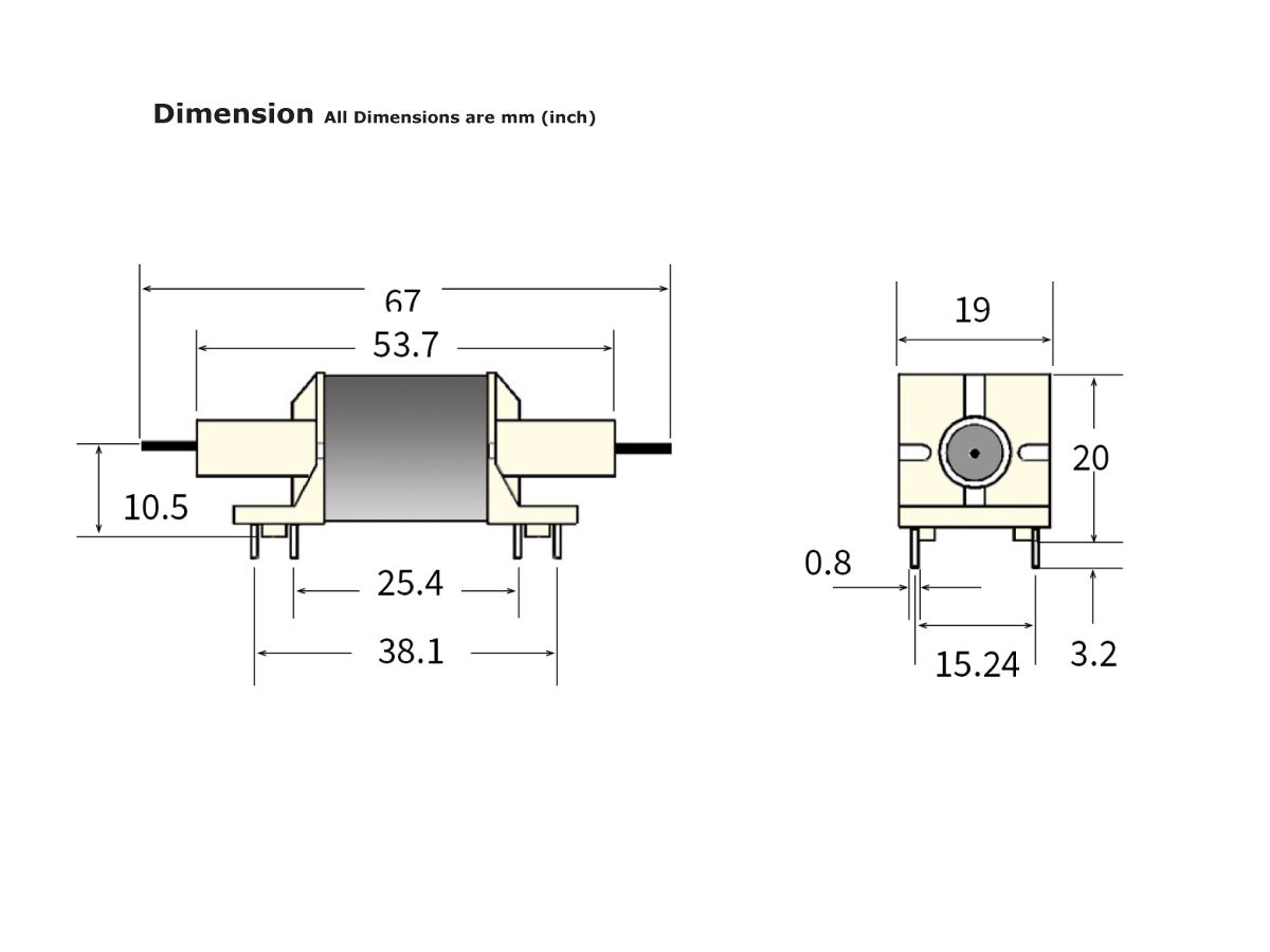 Technical drawing of an electronic component, such as an HF Relay, showing front and side views with labeled dimensions in millimeters: width (53.7 mm), height (20 mm), depth (19 mm), and detailed pin spacing. by Standex Detect