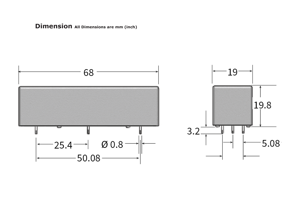 Technical drawing of an HM Series Reed Relay, a rectangular electronic component with labeled dimensions: 68 mm wide, 19.8 mm tall, 19 mm deep, featuring pin spacing and diameters; all measurements in millimeters. by Standex Detect
