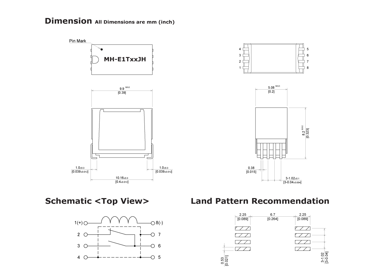 Technical drawing of the MH Series Reed Relay Switch, labeled MH-E11xxJH, showing dimensions, schematic top view, pin layout, and recommended PCB land pattern with measurements in millimeters and inches. by Standex Detect
