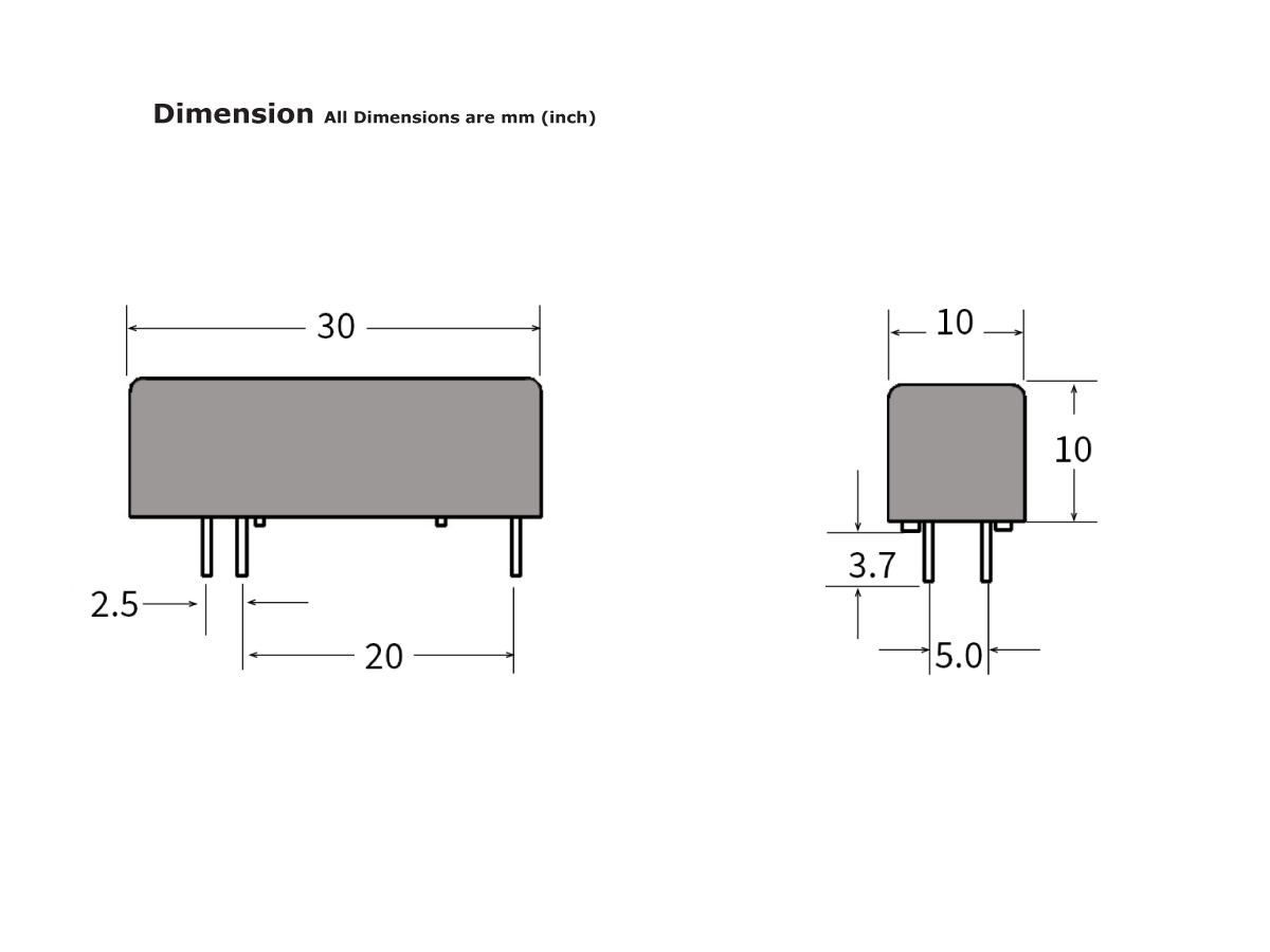 Technical drawing of a rectangular Reed Relay (MRX Series) electronic component with labeled dimensions: 30 mm width, 10 mm height and depth, 2.5 mm and 3.7 mm pin spacing, and 5.0 mm pin length. All dimensions are in millimeters. by Standex Detect