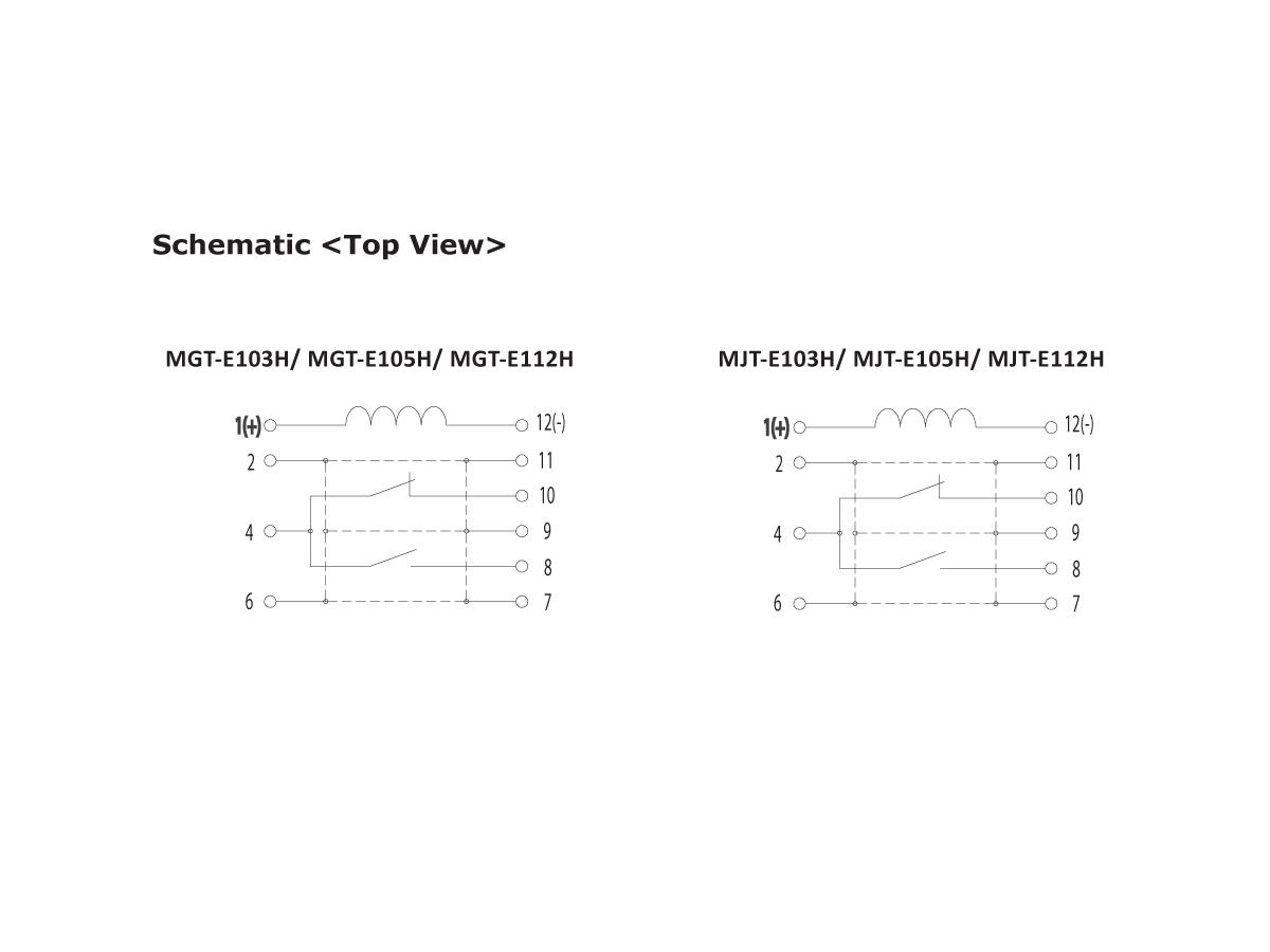 Top-view schematic diagrams for electronic components, including MT Series Reed Relay pin layouts and connections: MGF-E103H, MGF-E105H, MGF-E112H on the left; MJT-E103H, MJT-E105H, MJT-E112H on the right. by Standex Detect
