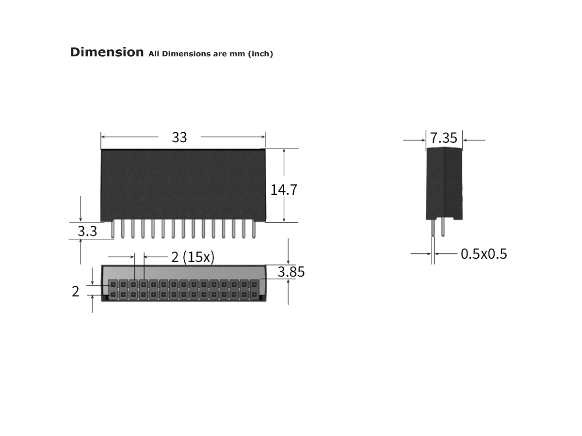 Technical drawing of a 15-pin electronic connector, Series RM05-8A-SP, with dimensions: width 33 mm, height 14.7 mm, depth 7.35 mm, pin spacing 2 mm, pin thickness 0.5x0.5 mm, and pin row spacing 3.3 mm. by Standex Detect