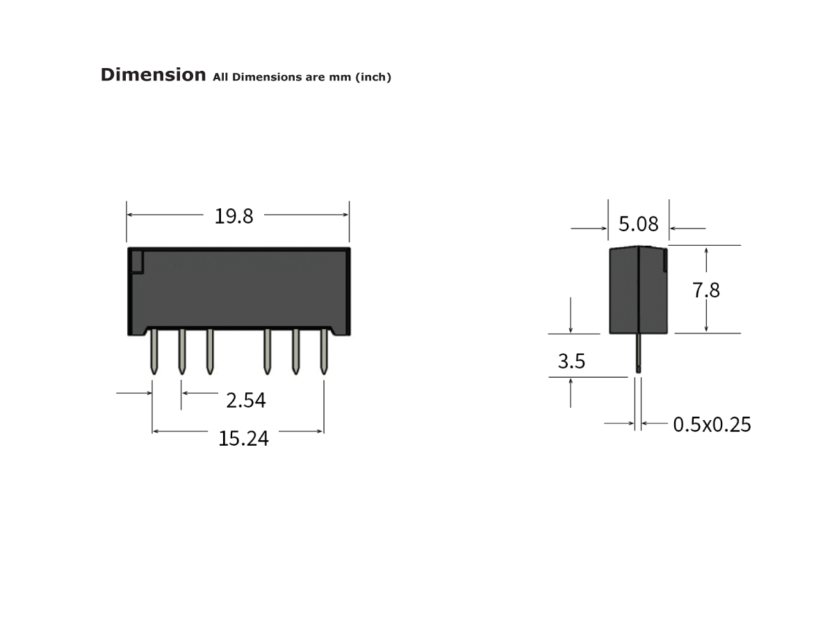 Technical drawing of a rectangular Reed Relay electronic component from the SIL RF Series with 6 pins. Dimensions are 19.8 mm length, 7.8 mm height, and 5.08 mm width, with various pin spacings and thicknesses labeled. by Standex Detect