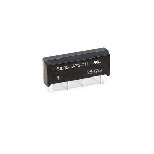 A black SIL Series Reed Relay electronic component with four metal pins, labeled SIL05-1A72-71L and other technical markings, is shown on a white background. by Standex Detect