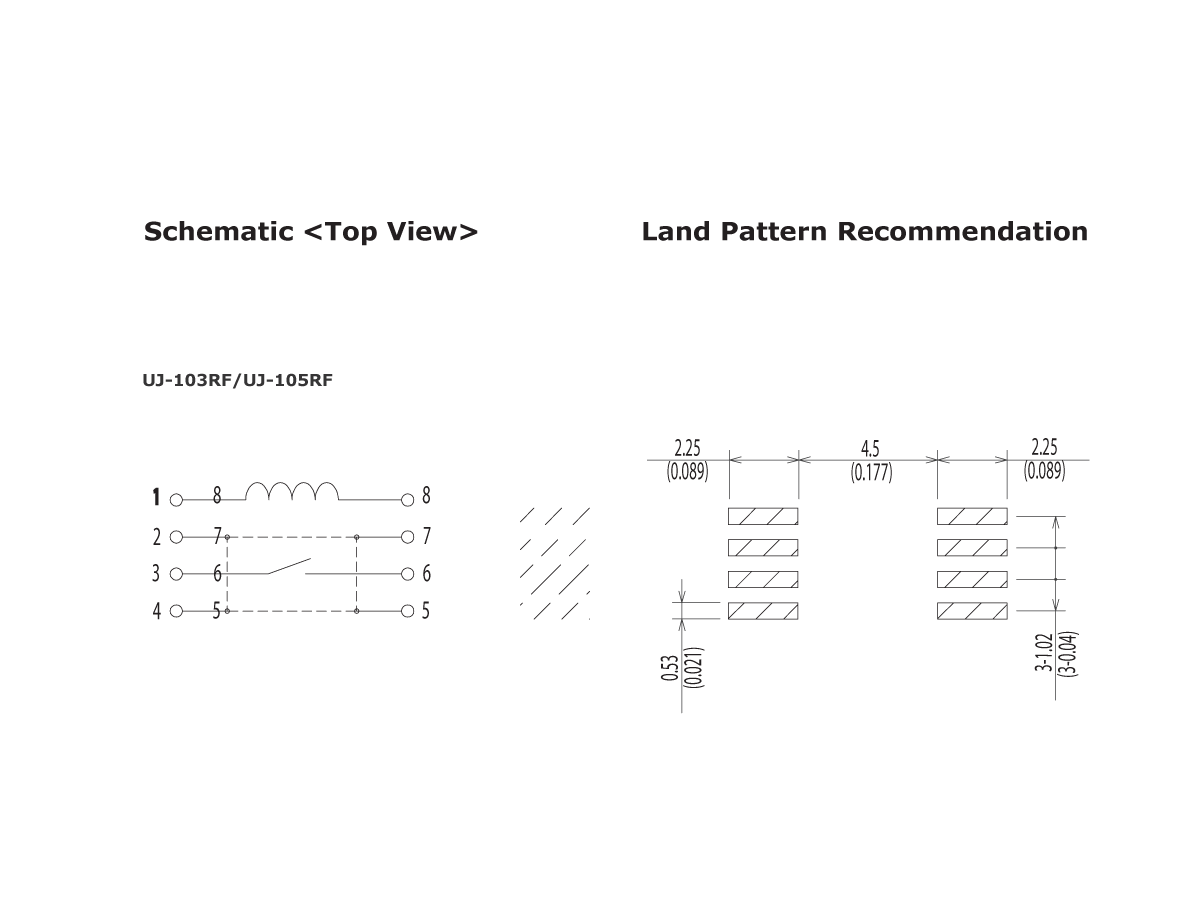 A top view schematic and land pattern recommendation for the U Series Reed Relay component UJ-103RF/UJ-105RF. The left shows a numbered pin diagram with lines, while the right shows pad layouts with measurements in mm and inches. by Standex Detect