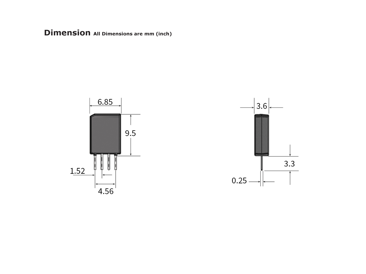 Technical drawing of a rectangular Reed Relay electronic component (UMS Series) with four pins, showing front and side views. Dimensions are labeled in millimeters: 6.85x9.5x1.52 mm (front) and 3.6x3.3x0.25 mm (side). by Standex Detect