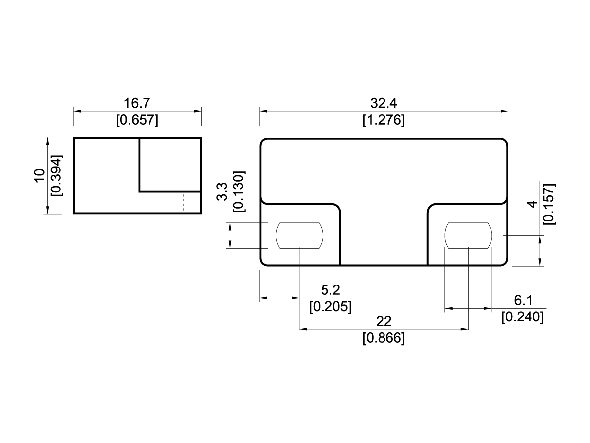 Technical drawing of an M02 Series Magnet rectangular mechanical part with dimensions in millimeters and inches, showing front and side views, rounded corners, cutouts, and detailed measurements for all features. by Standex Detect