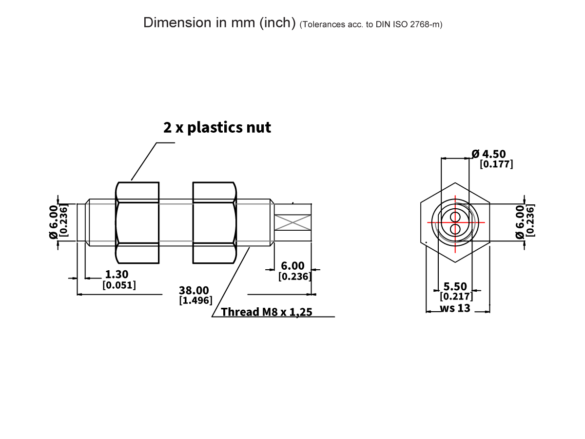 Technical drawing of an M11P Series Magnet threaded connector with two plastic nuts, showing front and side views. Dimensions are labeled in millimeters and inches; main thread is M8 x 1.25 and total length is 38 mm. by Standex Detect
